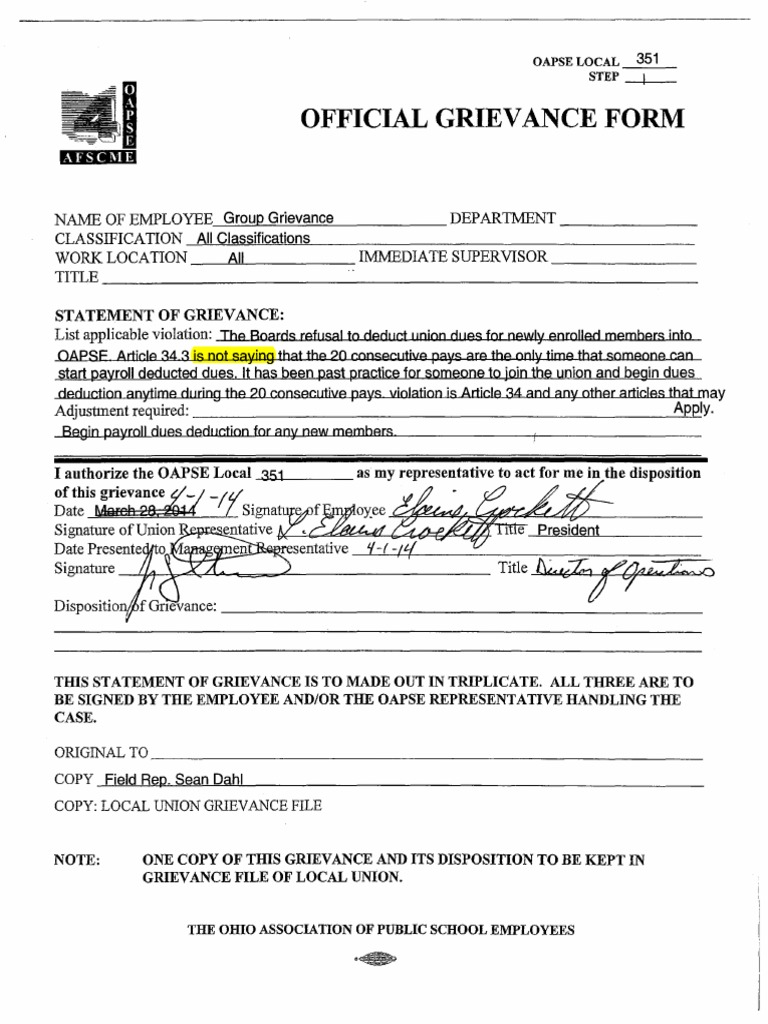 Union grievance Payroll Employment
