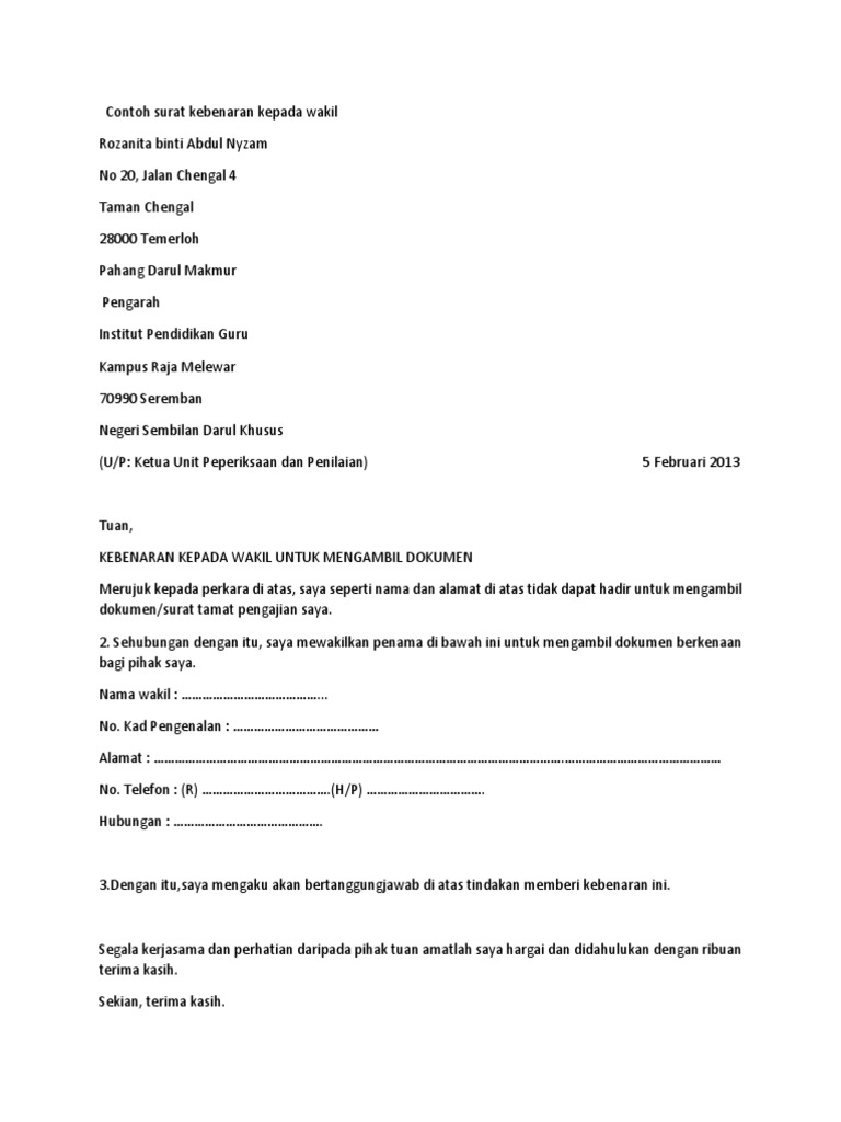 Contoh Surat Kebenaran Kepada Wakil Pdf