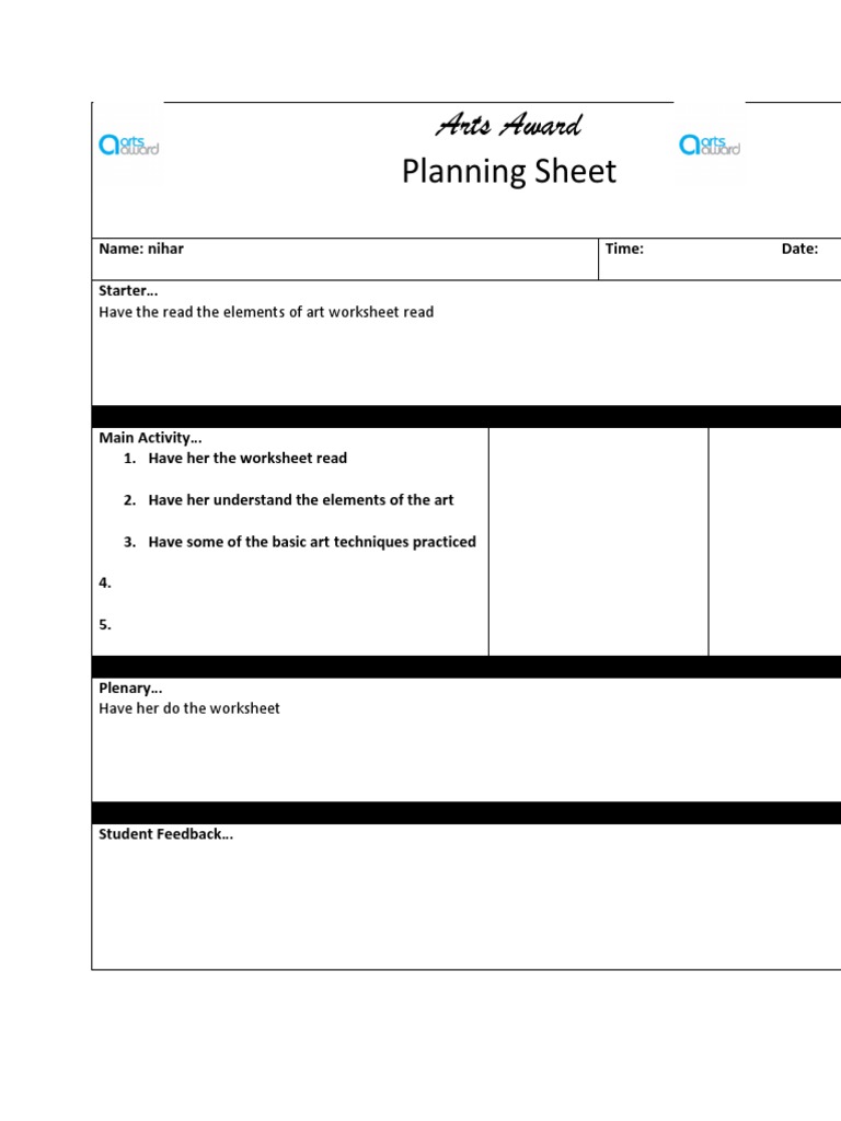 Arts Award Planning Sheet Template | PDF