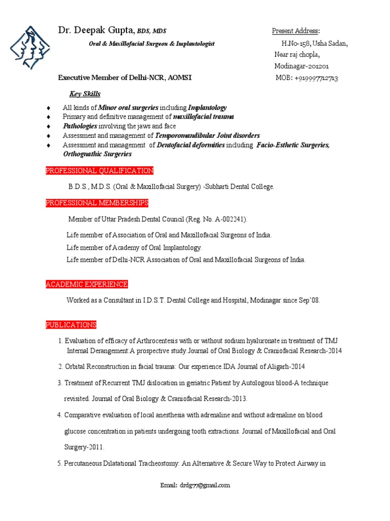 Resume, DR Deepak, Reader (Oral Surgery) PDF Oral And