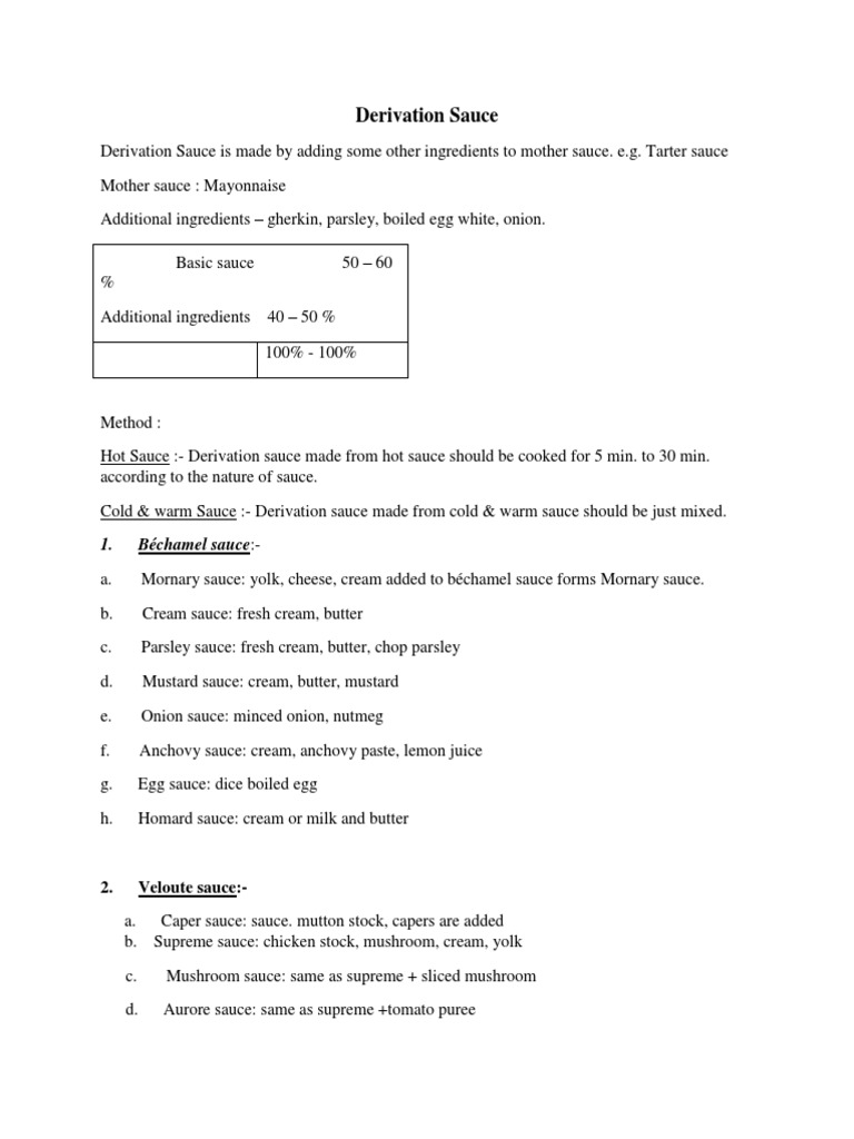 Derivation Sauce PDF Sauce Mayonnaise