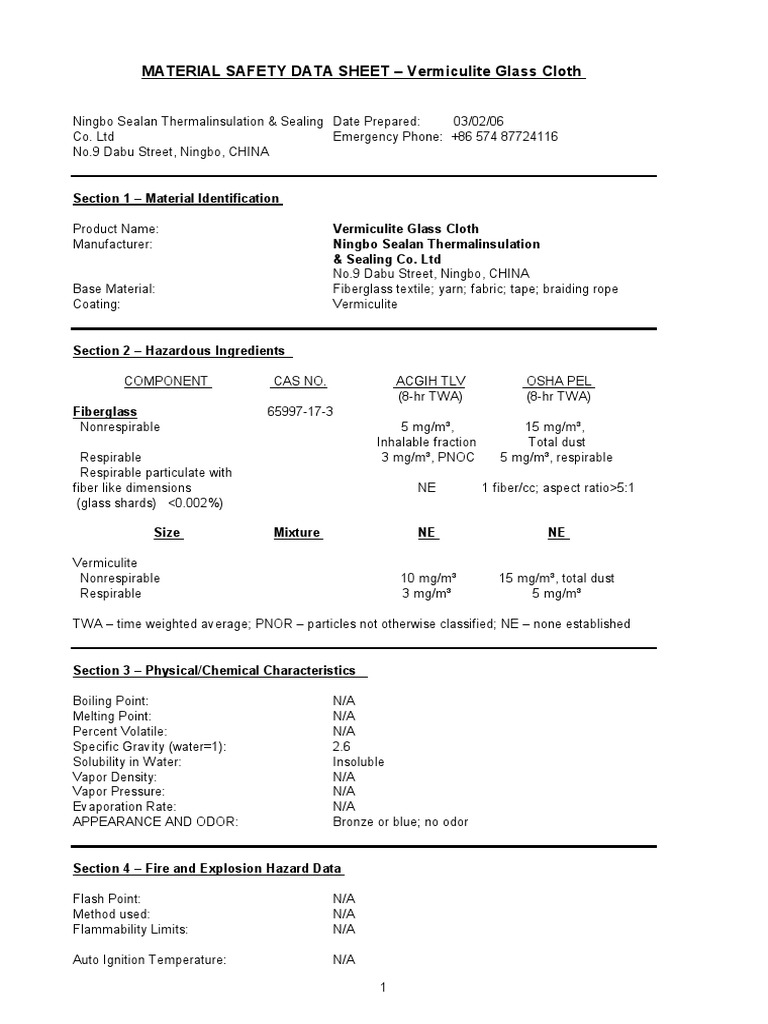 MSDS Vermiculite Glass Cloth Fiberglass Cancer