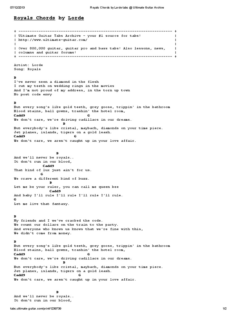 Royals Chords by Lorde Tabs at Ultimate Guitar Archive