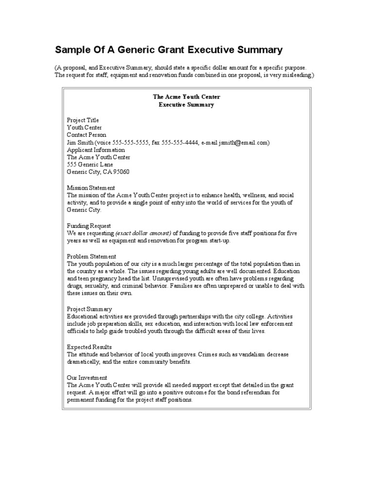 Sample of A Generic Grant Executive Summary | PDF | Youth | Sex 