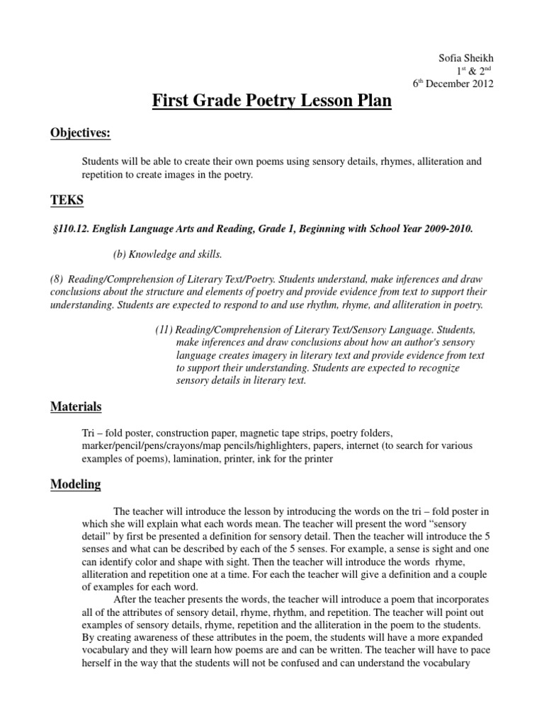 First Grade Poetry Lesson Plan PDF Poetry Reading Comprehension