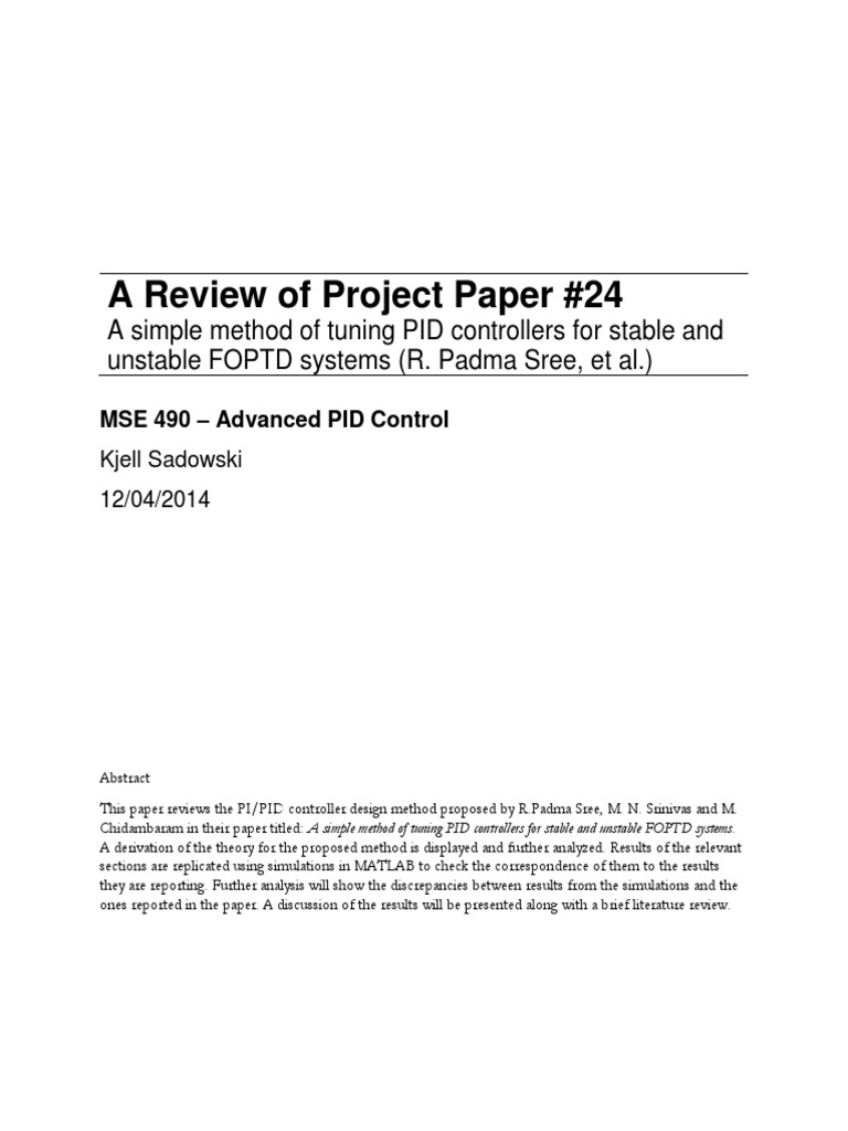 PID Tuning for FOPTD Systems Review | PDF | Control Theory | Applied ...