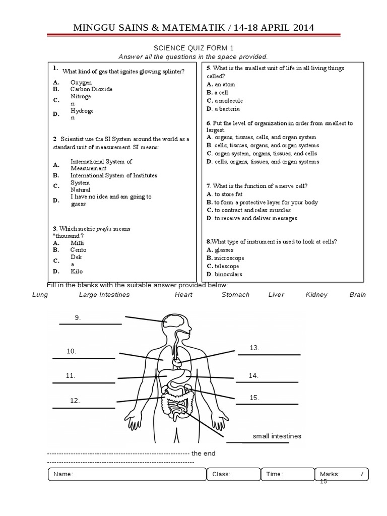 Form 1 Science Quiz 2014 | PDF