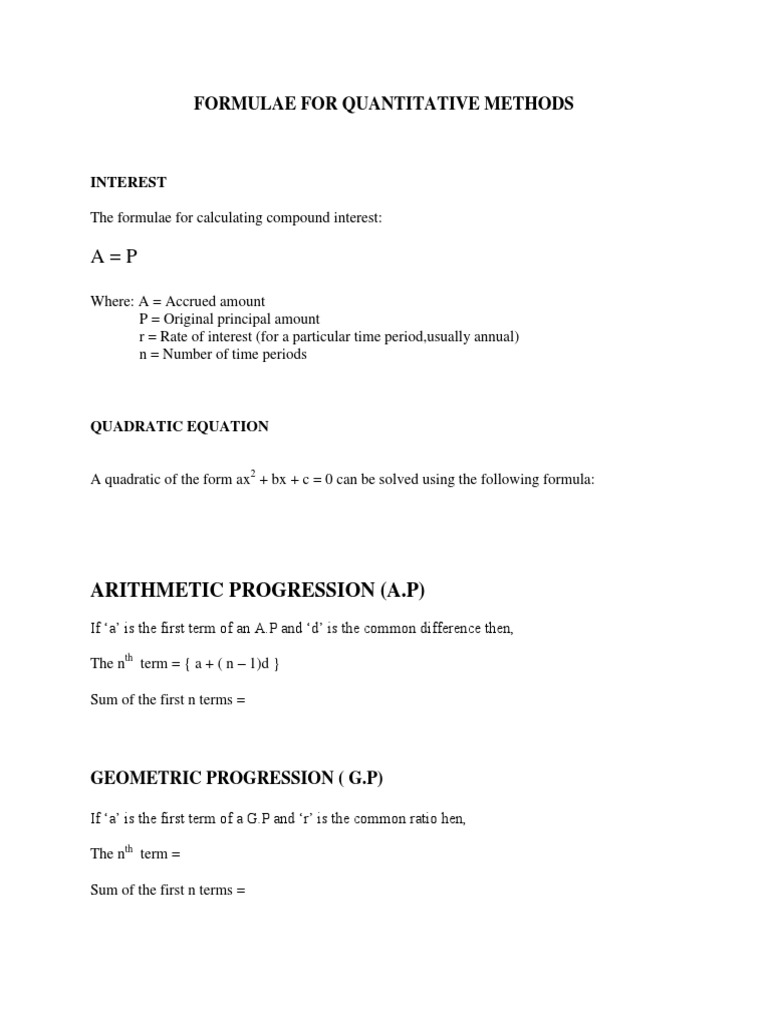 Essential Formulae for Quantitative Methods | PDF