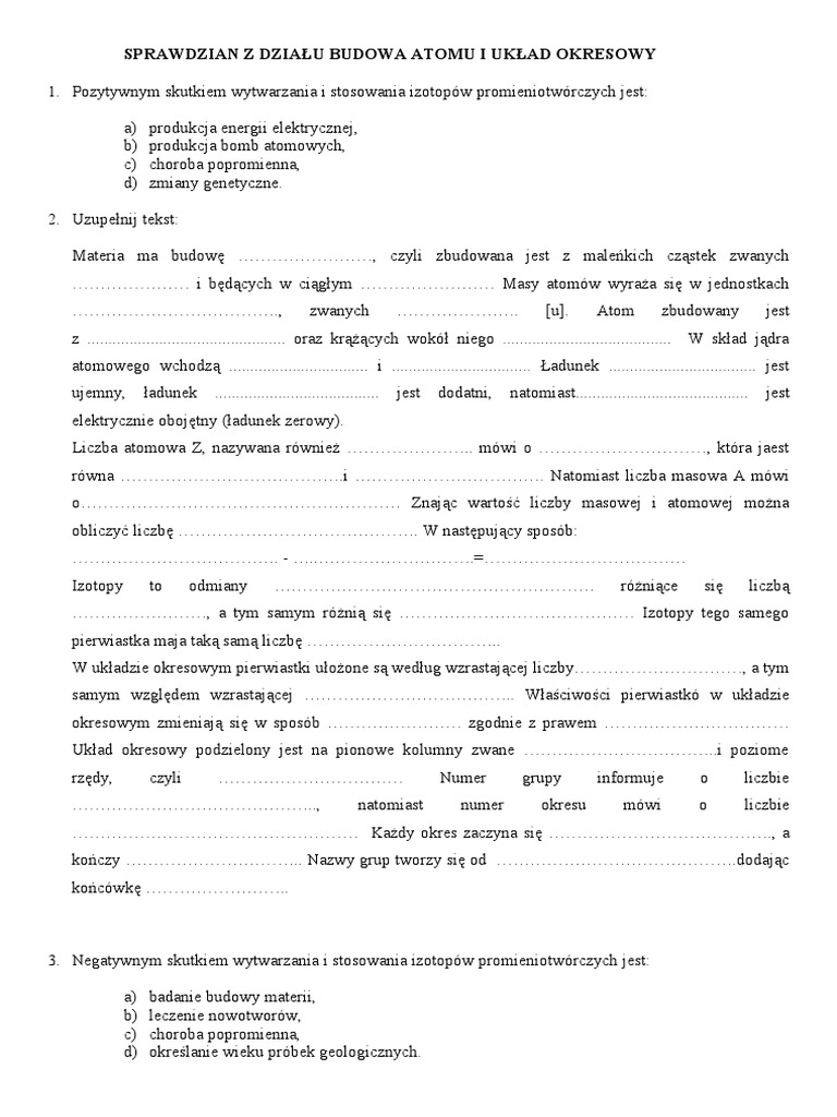 Budowa Atomu Układ Okresowy Pierwiastków Chemicznych Sprawdzian Pdf SPRAWDZIAN Z DZIAŁU BUDOWA ATOMU I UKŁAD OKRESOWY