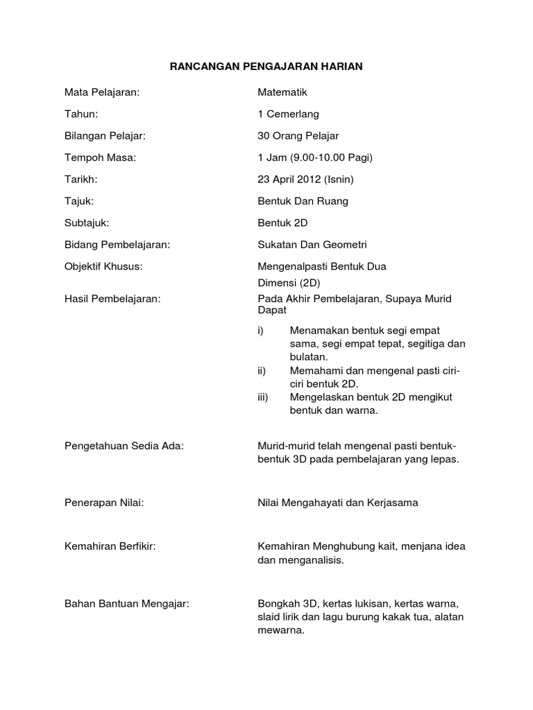 Rancangan Pengajaran Harian Bentuk 2d Matematik Tahun 1