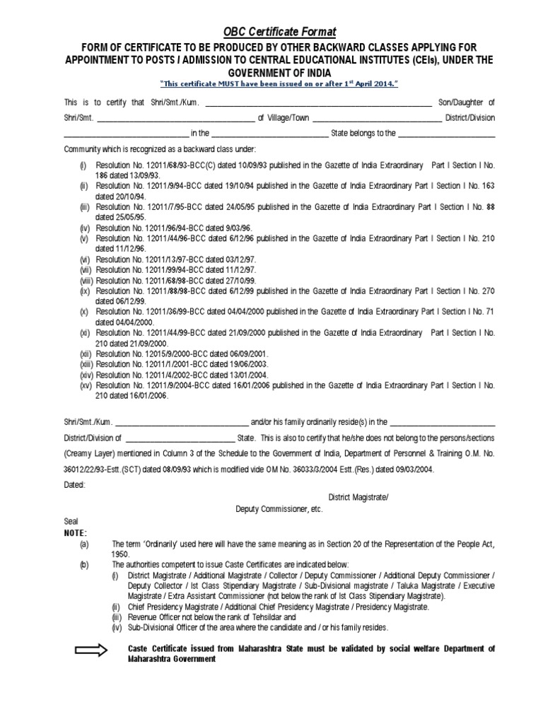 OBC Certificate Format and Guidelines | PDF | Government Of India | Justice