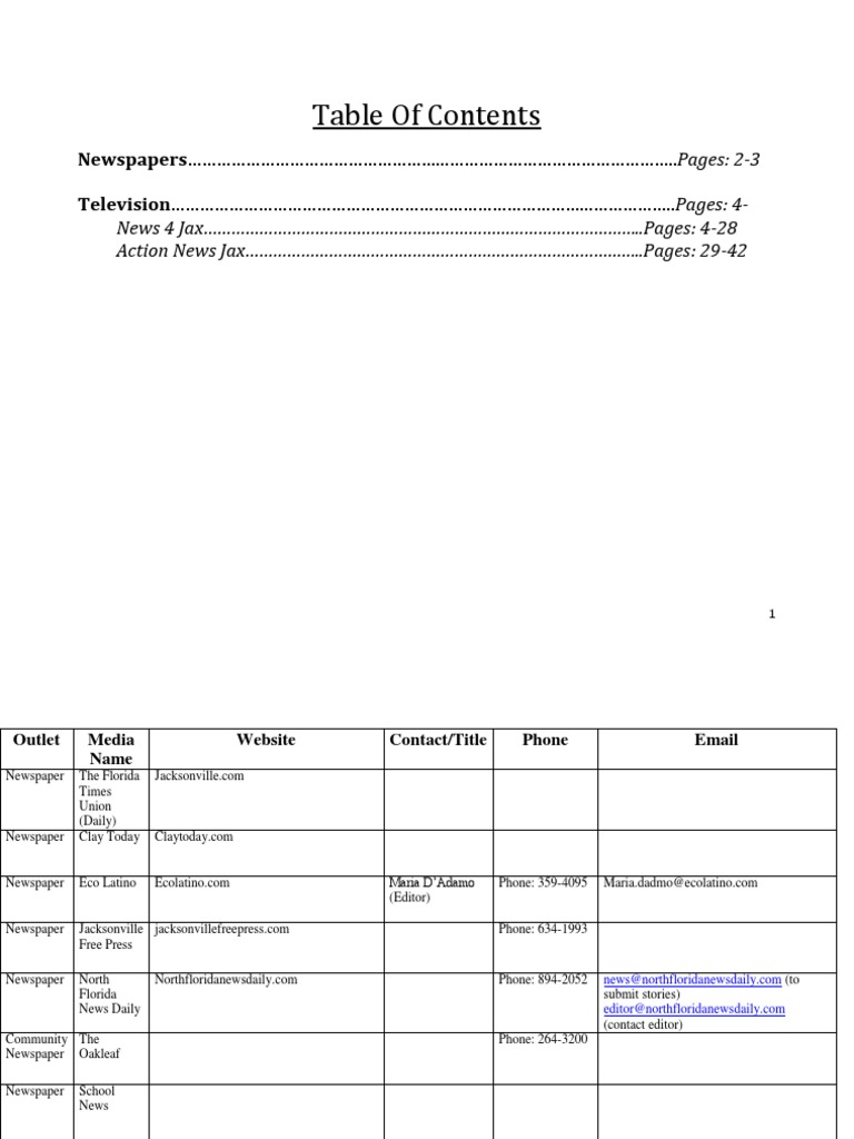 Media Contact List Detailed PDF Newspapers Mass Media