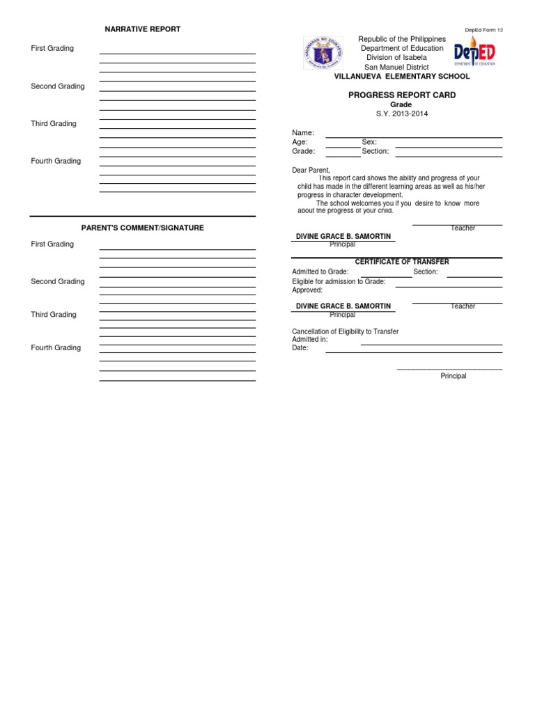 fORM 138-E for K-12 Curriculum - school report card