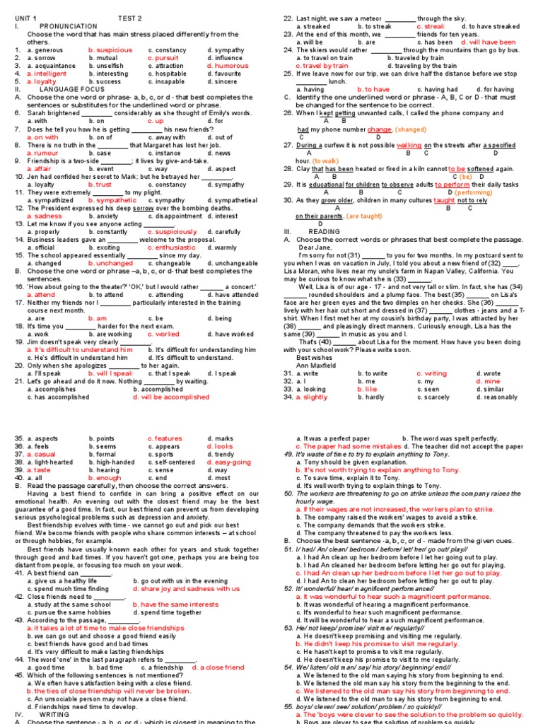 Unit 1 - BT MLH 11 - Test 2-Key | PDF | Friendship | Behavioural Sciences