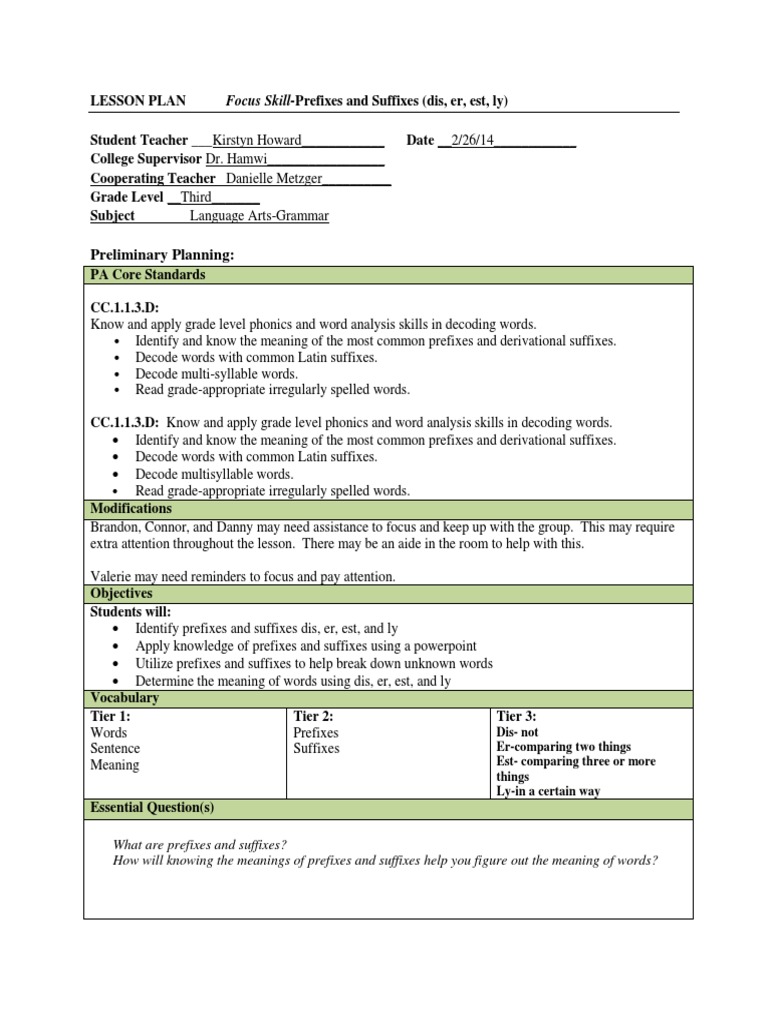 Prefixes and Suffixes Lesson Plan | PDF | Phonics | Educational Assessment
