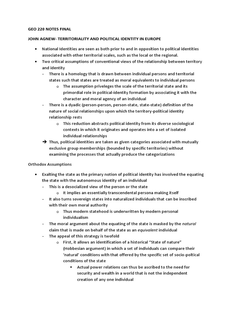 Geog 220 Notes UBC | PDF | Sovereign State | Identity (Social Science)