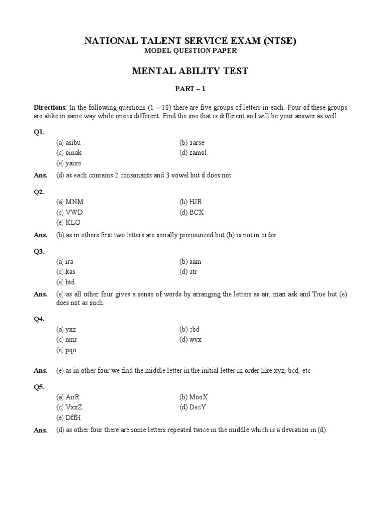 Ntse Mental Ability Test 01 Investing Mathematics