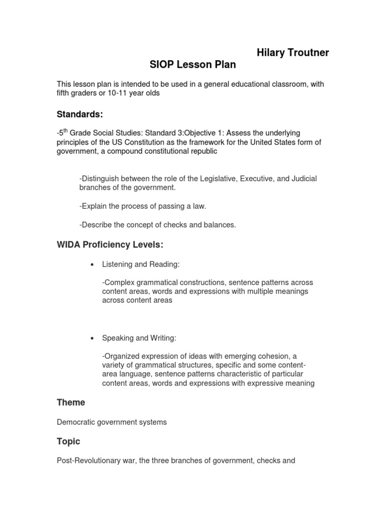 Siop Lesson Plan | PDF | Separation Of Powers | Brainstorming