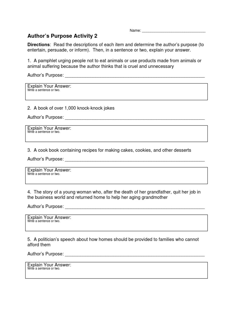 Authors Purpose Worksheet 2 | PDF