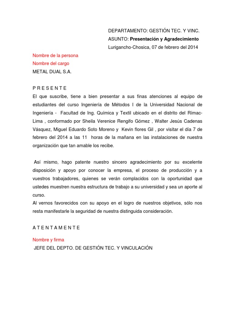 Carta De Agradecimiento