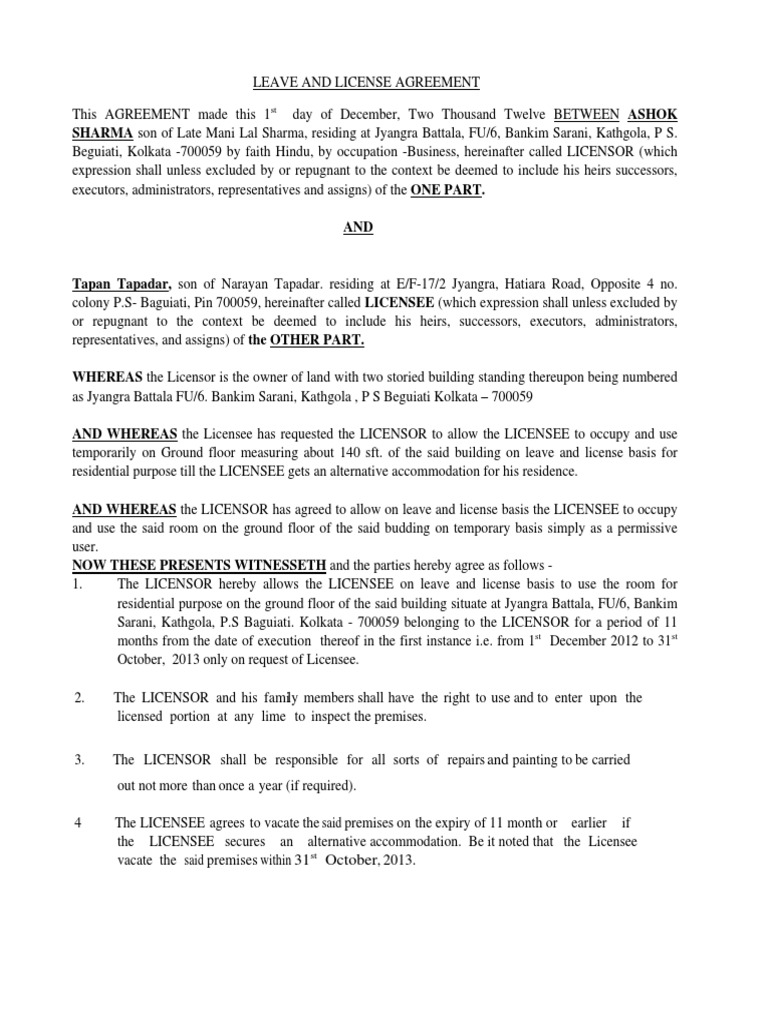 Leave and License Agreement PDF License Common Law