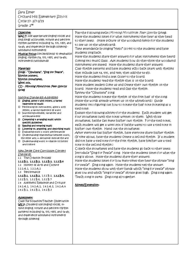 2nd Grade Lesson Plan Weebly-1 | PDF | Rhythm | Singing