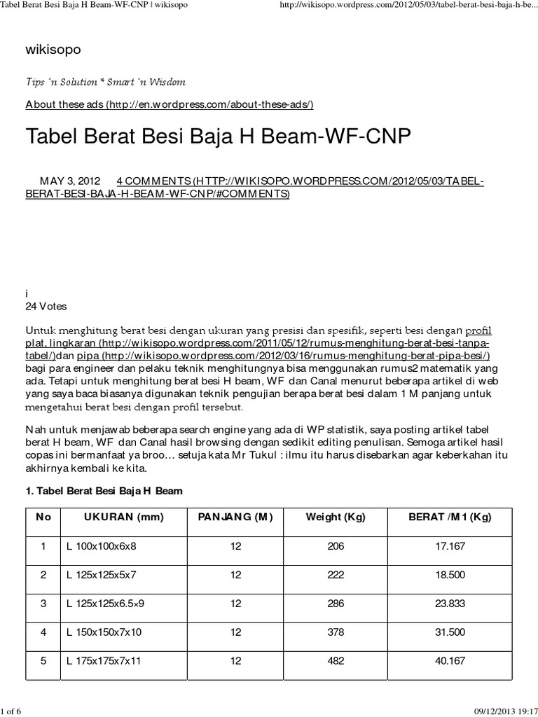 Tabel Berat Besi Baja H Beam Wf Cnp Wikisopo