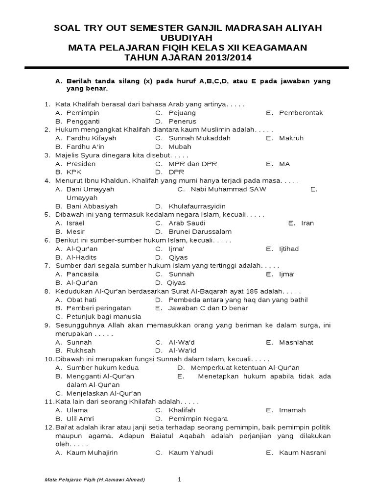 Soal Try Out Fiqih Xii Keagamaan Doc