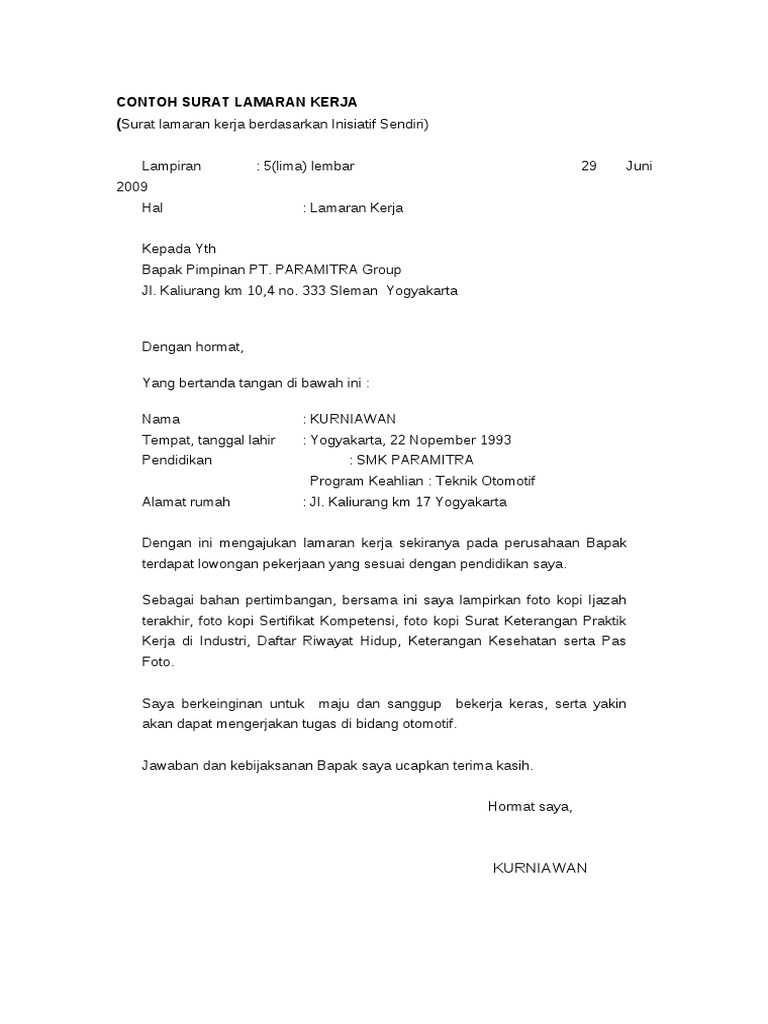 Contoh Surat Lamaran Kerja Berdasarkan Inisiatif Sendiri