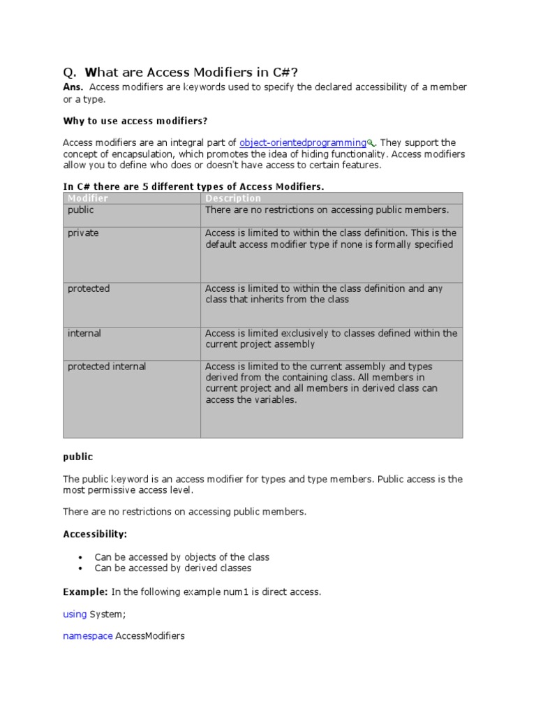 Access Modifiers in C# | PDF | Class (Computer Programming ...