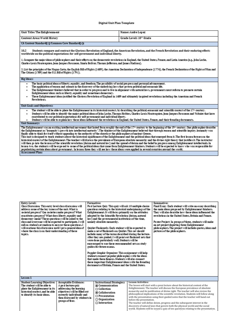 Digital Unit Plan Template-The Enlightenment-Andre Lopez | PDF | Age Of ...