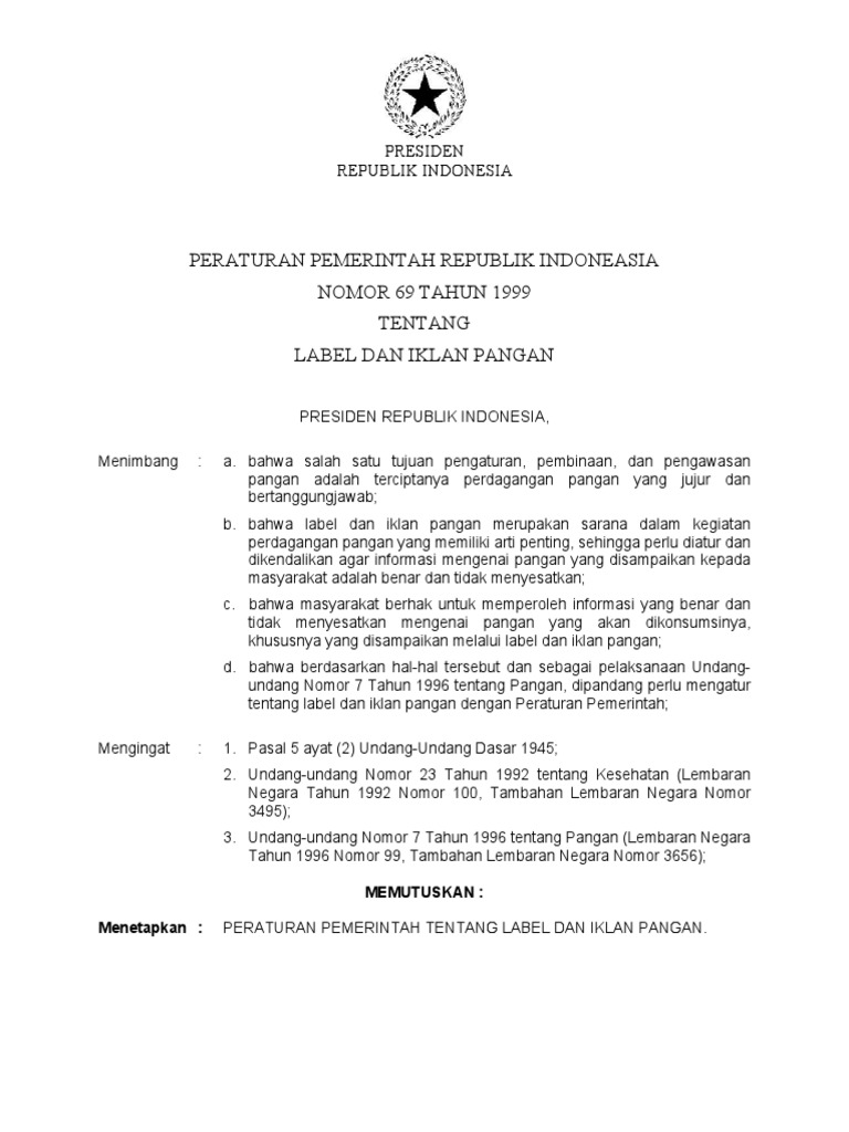 PP No 69 Tahun 1999 Label Dan Iklan Pangan | PDF