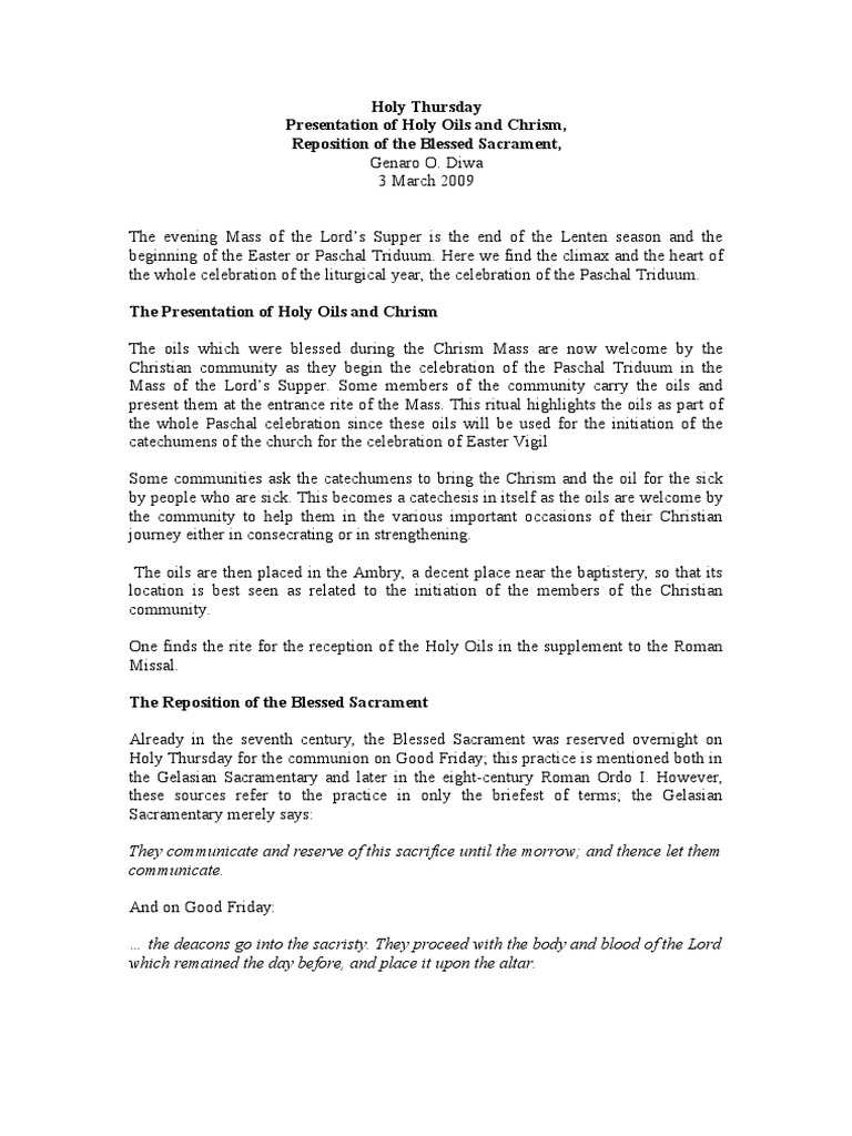 Holy Thursday Presentation of Holy Oils and Chrism, Reposition of The Blessed Sacrament