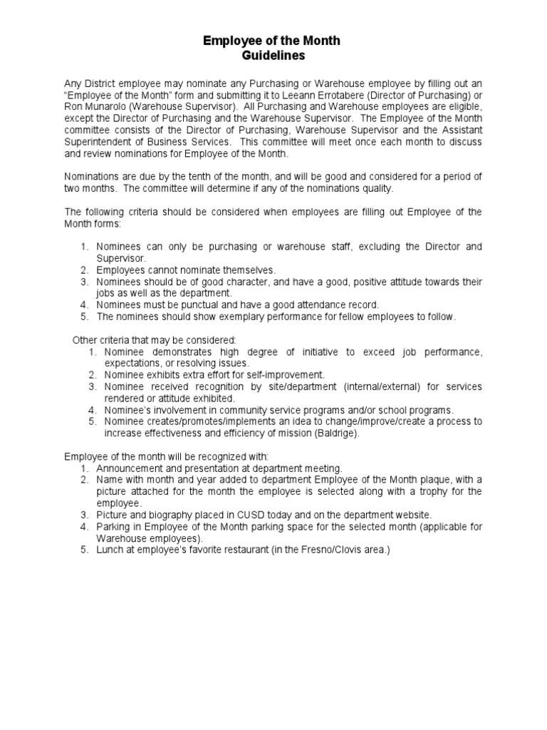 Employee Of The Month Guidelines Pdf