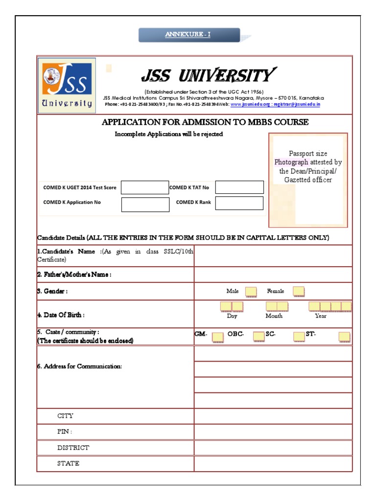 JSS University MBBS Admission Application | PDF | University And ...
