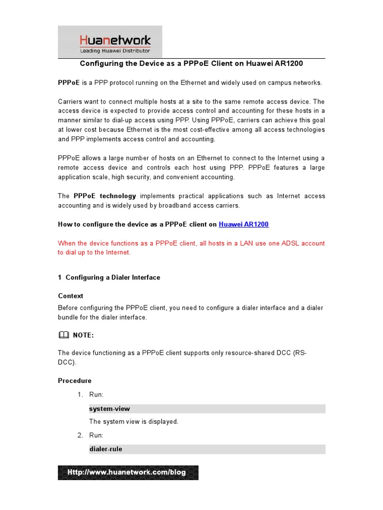Huawei AR1200 PPPoE Client Setup Guide | PDF | Server (Computing ...