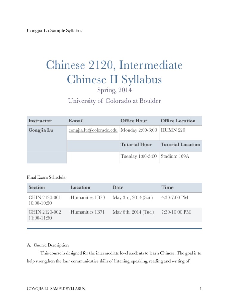 Chinese 2120, Intermediate Chinese II Syllabus: Spring, 2014 University ...