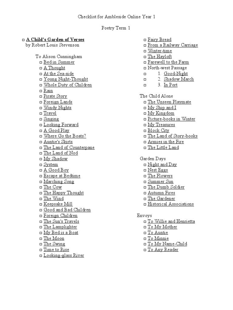 Ambleside Online Year 1 Checklist For Poetry PDF