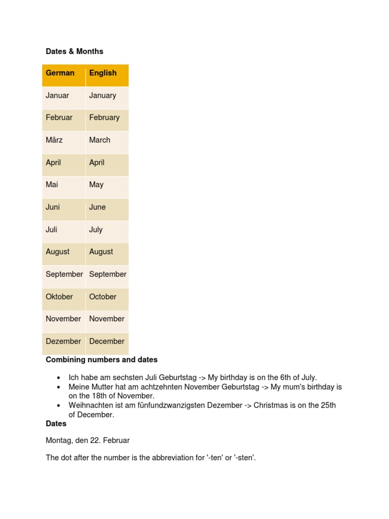 German-English Dates and Months Guide | PDF