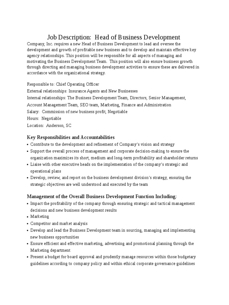 Head of Business DevelopHead of Business Development Job