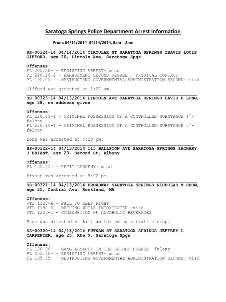 Saratoga Springs Arrest Log | PDF | Law Enforcement | Crime & Violence