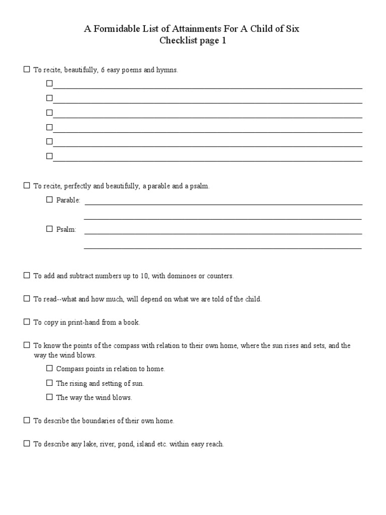 Ambleside Online A Formidable List of Attainments For A Child of Six ...