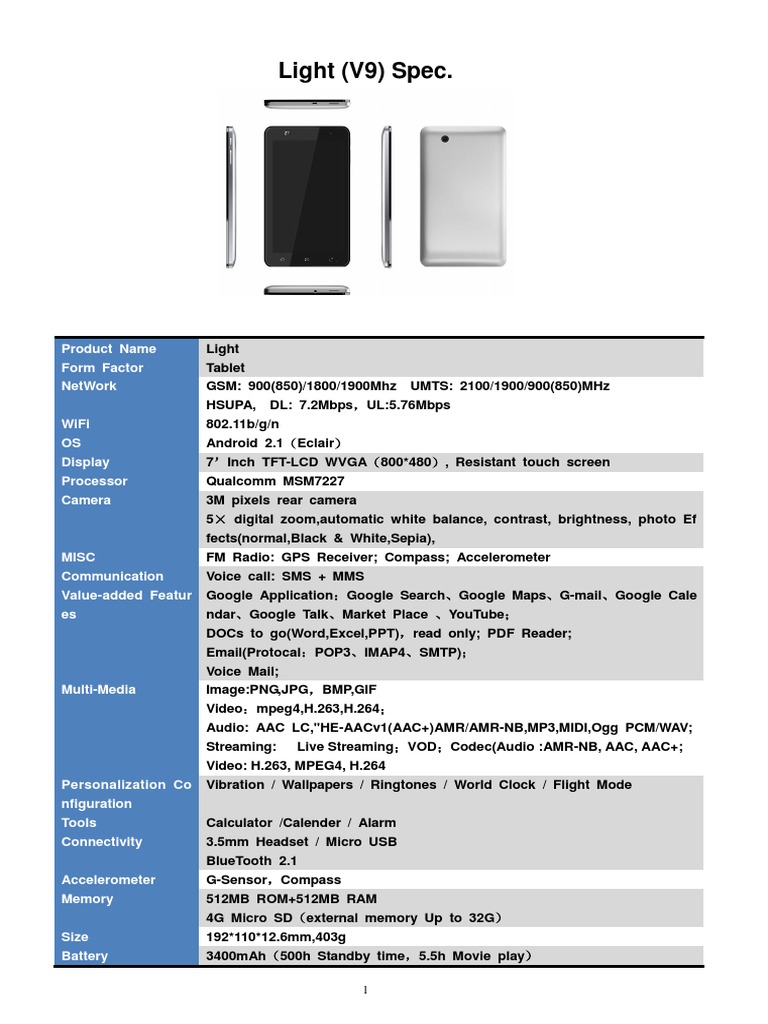 Light V9 Tablet Specifications | PDF | Technology & Engineering