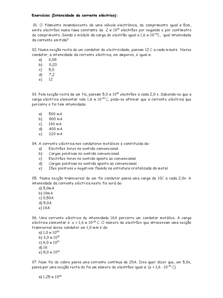 Exercícios sobre Intensidade de Corrente Elétrica | PDF | Condutor ...