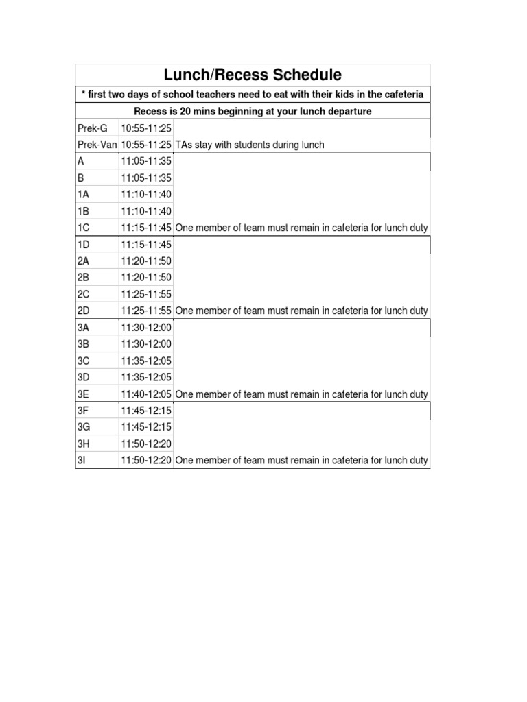 Lunch and Recess Schedule Overview | PDF