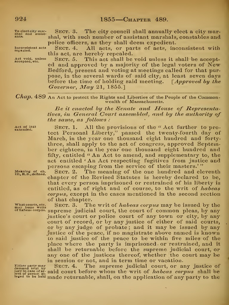 Massachusetts Personal Liberty Law of 1855 PDF Fugitive Slaves In