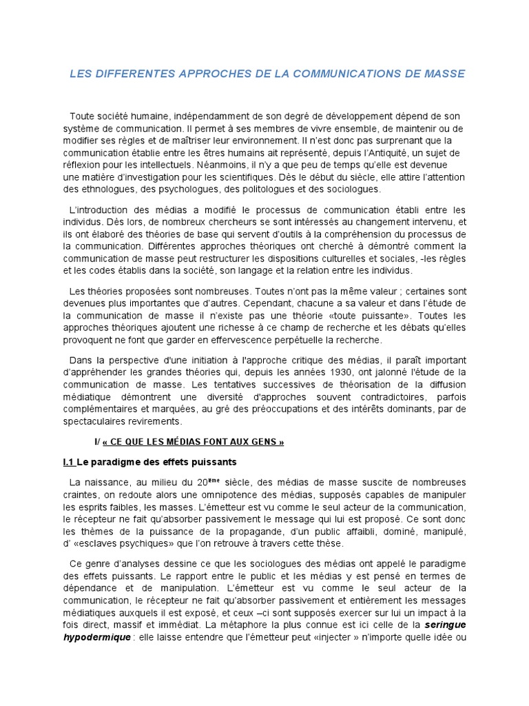 Approches de la communication de masse | PDF | Média (Communication ...