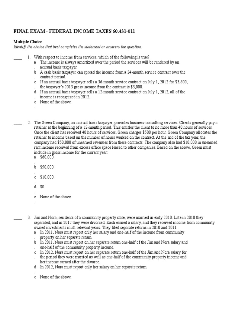 Final Exam Solutions Federal Tax Course Tax Deduction Expense