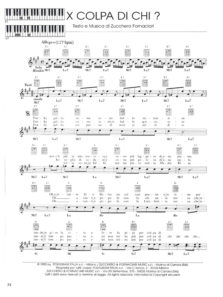 Zucchero Fornaciari Per Colpa Di Chi Spartito Pianoforte