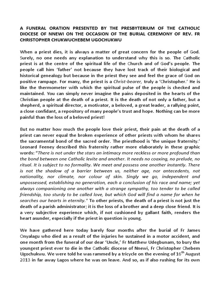 A Funeral Oration Presented by the Presbyterium of the Catholic Diocese